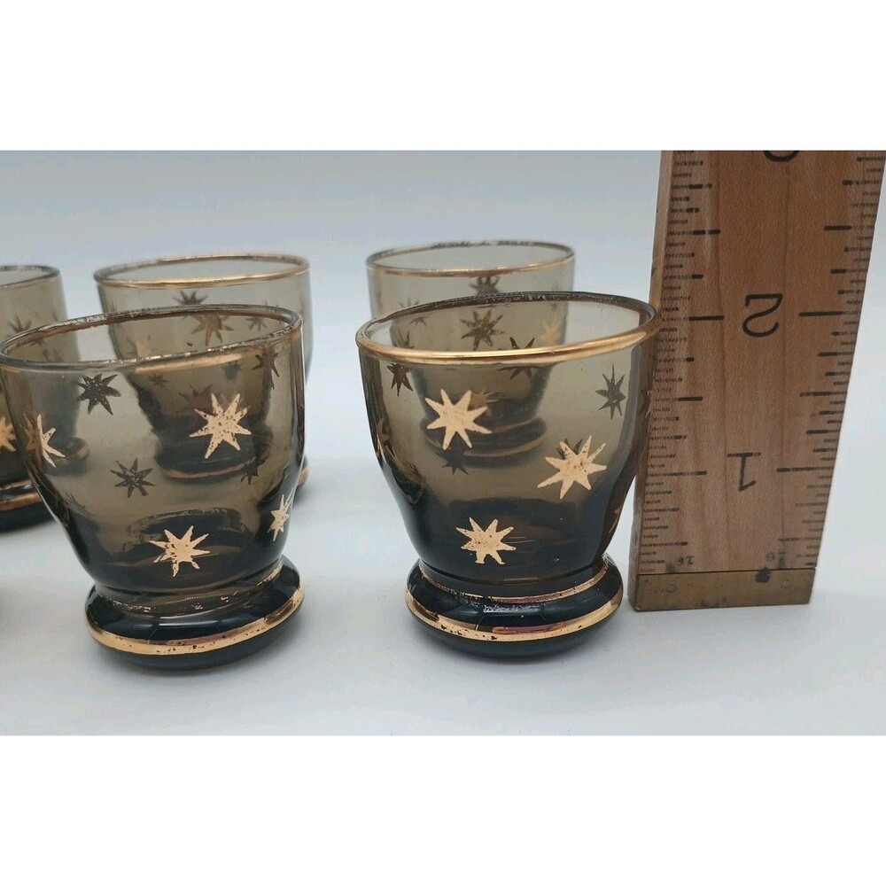 6 Vtg Cordial Glasses Brown With Gold Atomic Stars Smokey - Picture 2 of 7